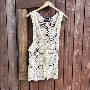 Vintage Hand Knit Light Tan Cotton Crochet Festival Vest